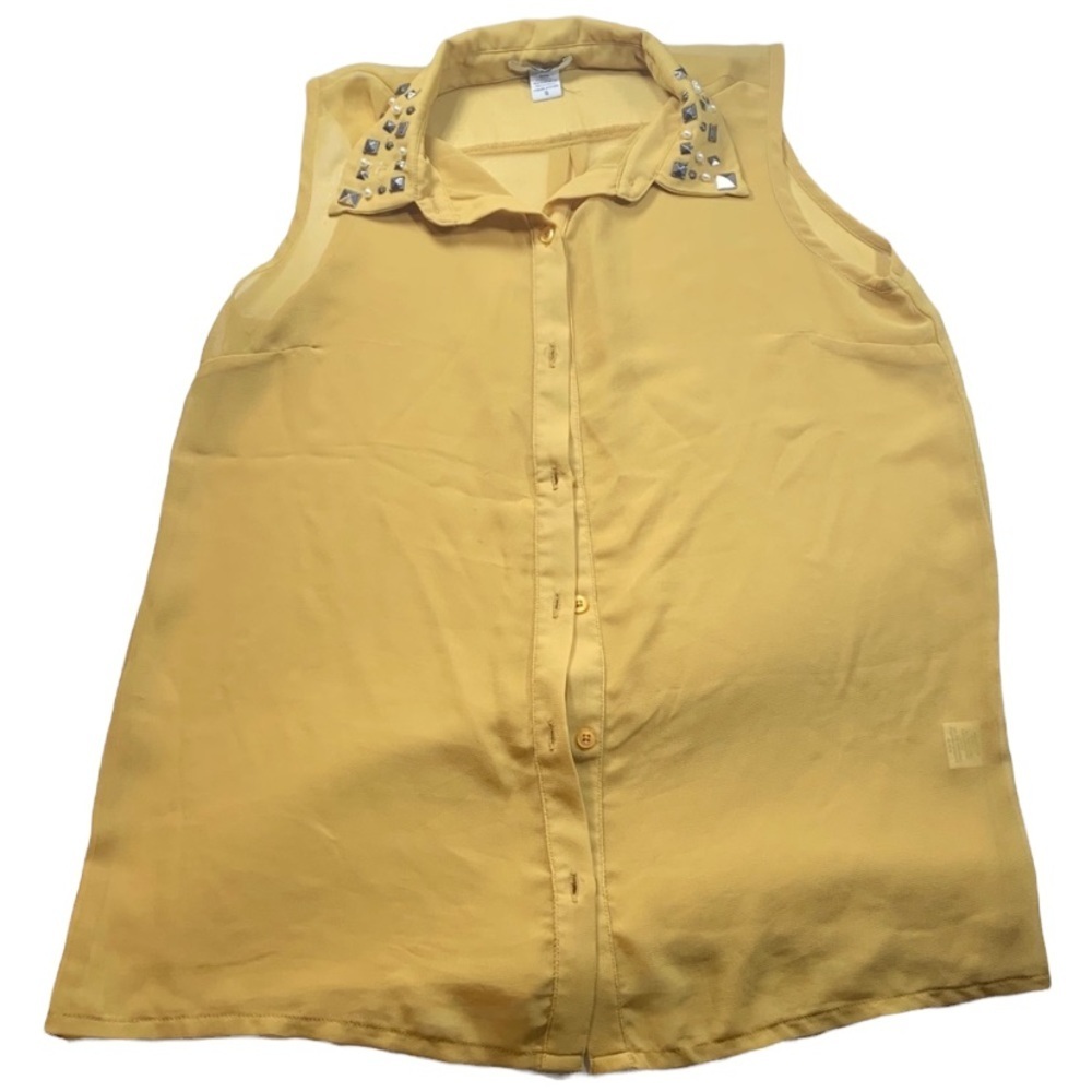 Bar III Sleeveless Studded Collared Button Small Mustard Color Yellow Top